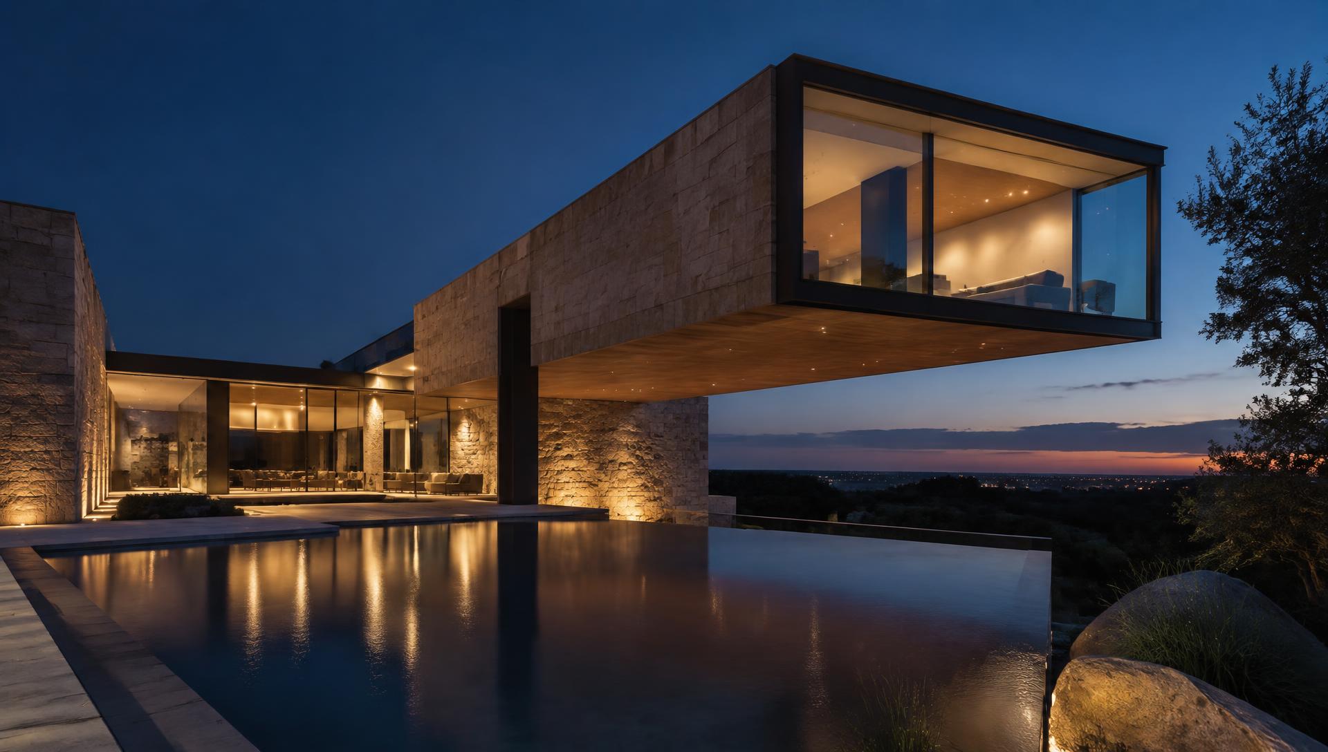 Modern architectural residence at dusk